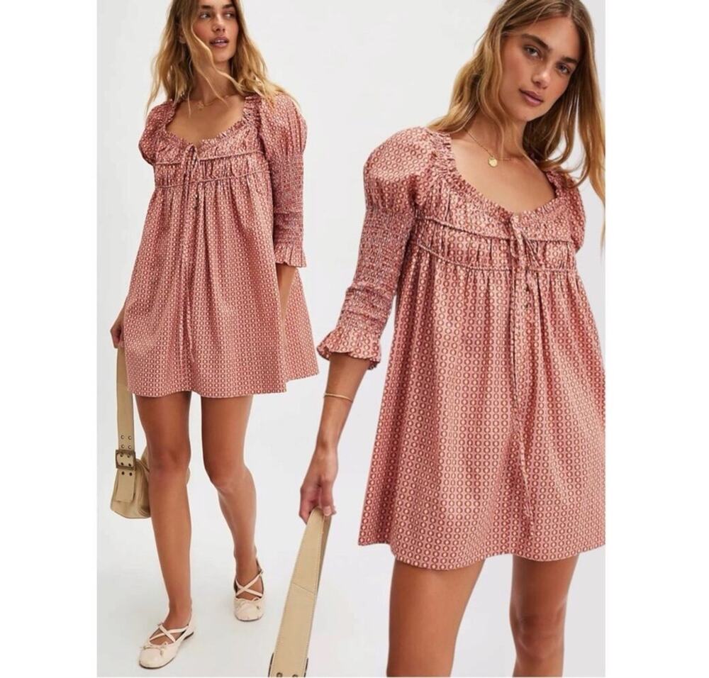 Free People Mini Dress Red Star Dip Smocked Allover Print Loose A Line Large - Picture 1 of 11